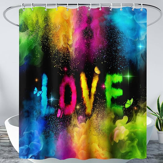 AILONEN Girls Shower Curtain for Bathroom, Rainbow Smoky Love Printed Bathroom Curtain Decor,Women Colorful Bath Curtain Polyester Waterproof Bathroom Curtain with 12 Hooks(72" W*96" H)