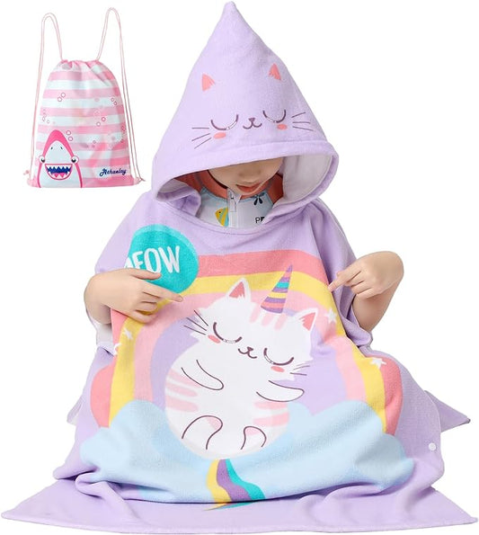 Kid Girls Hooded Towel for Bath Beach, Toddlers Poncho Cover-ups Pool Swimwear, Cat Theme with Drawstring Bag