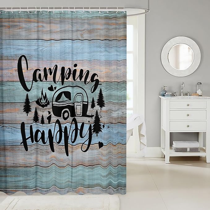 Feelyou Camper Bathroom Shower Curtain Set Happy Camping Bath Curtain Camping Shower Curtain Cartoon Camping Kids Bathroom Accessories 72"x78"