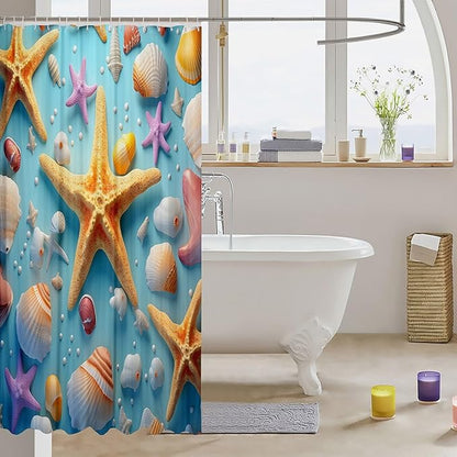 Feelyou Starfish Fabric Shower Curtain Seashell Shower Curtain for Teens Blue Ocean Bathroom Waterproof Accessories with 12 Hooks Summer Curtains,72x84 Inches