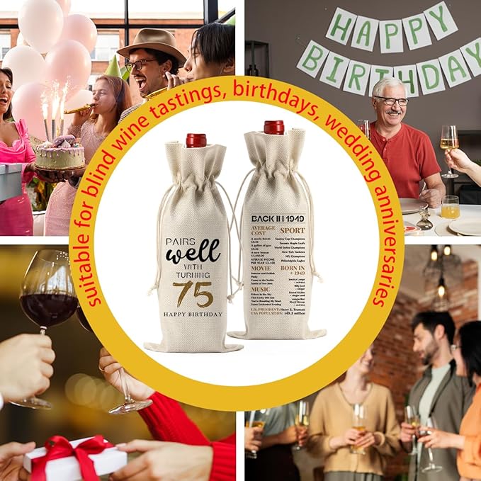 75th Birthday Gifts for Women Men, Gifts for 75 Year Old Man Woman Grandparents Wine Gift Bag, Wine Accessories Gifts Anniversary 75th Birthday Decorations Wine Bag Wine Bags for Wine Bottles Gifts