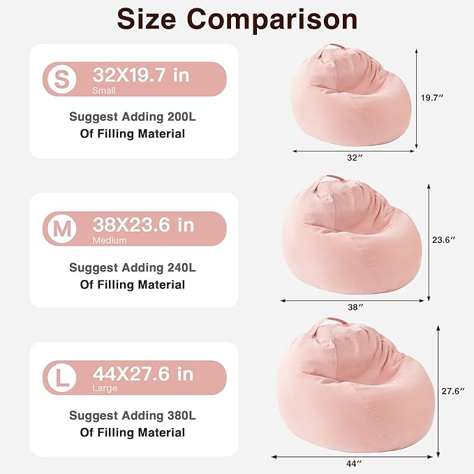 Stuffed Animal Storage Kids Bean Bag Chair Cover (No Filler) Washable Ultra Soft Corduroy Pink Bean Bag Cover for Organizing Plush Toys or Textile, Sack Bean Bag for Adults, Teens (XL)