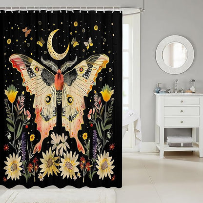 Feelyou Boho Butterfly Fabric Shower Curtain Bohemian Moth Shower Curtain for Kids Boys Girls Moon Galaxy Bathroom Waterproof Accessories with 12 Hooks Flower Weed Botanical Curtains,72X72 Inches