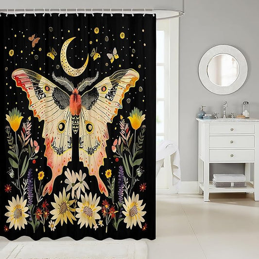 Feelyou Boho Butterfly Fabric Shower Curtain Bohemian Moth Shower Curtain for Kids Boys Girls Moon Galaxy Bathroom Waterproof Accessories with 12 Hooks Flower Weed Botanical Curtains,72X72 Inches