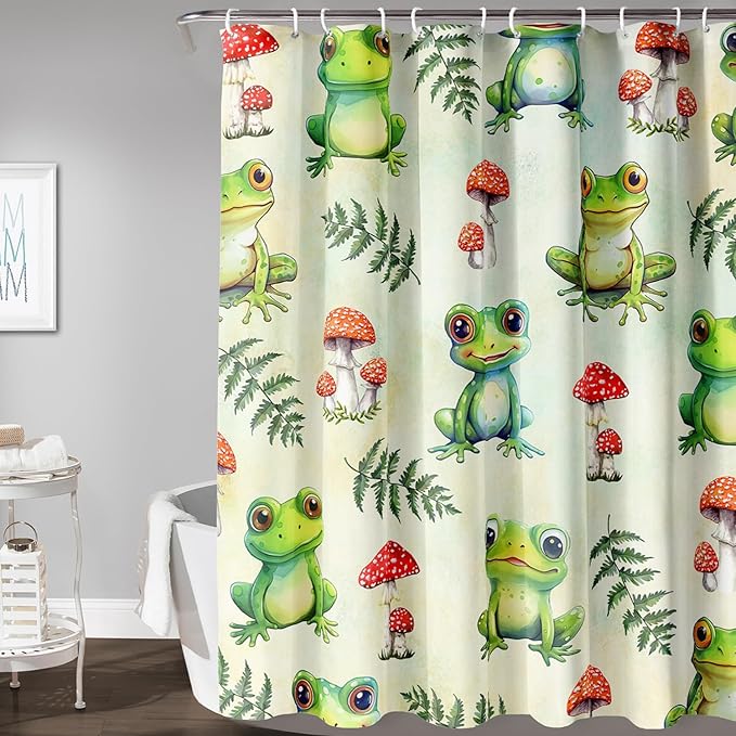 AILONEN Cute Frog Shower Curtain for Bathroom, Mushroom and Frog Bath Curtain,Amphibians Fungus Printed Waterproof Curtain with 12 Plastic Hooks,Green 48" W*72" H