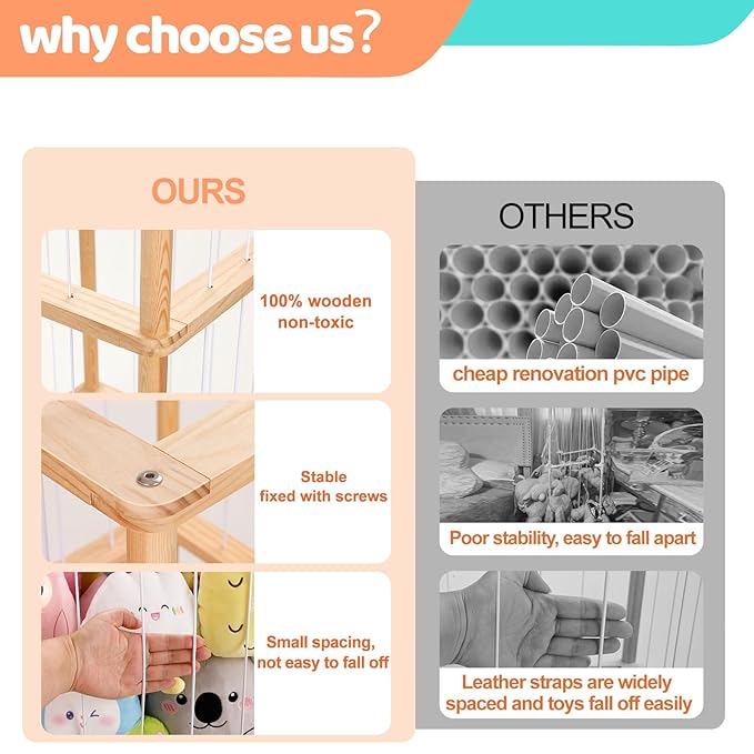 ACEPRUT Wood Stuffed Animal Storage Holder, Space Save Three Tier Vertical Large Stuffed Animal Zoo Organizer for Playroom Bedroom, Toy Storage Birthday Gifts for Kids