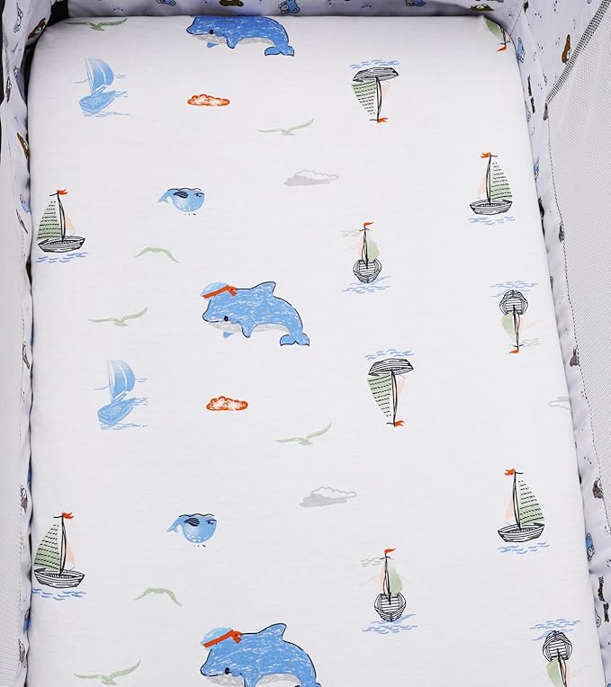 Bassinet Sheets Compatible with Graco Pack ‘n-Play Dome LX Bassinet (not Playard), 2 Pack, 100% Jersey Knit Cotton 190GSM, Ultra Soft Breathable, Dolphin and Whale