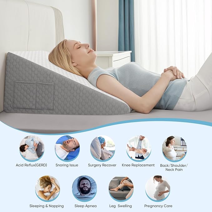 Forias Wedge Pillow for Sleeping 12" Bed Wedge Pillow for After Surgery Triangle Pillow Wedge for Acid Reflux Gerd Snoring Post Surgery Leg Back Pain Relief - Soft Memory Foam Top & Washable Cover