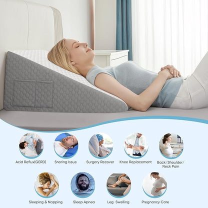 Forias Wedge Pillow for Sleeping 12" Bed Wedge Pillow for After Surgery Triangle Pillow Wedge for Acid Reflux Gerd Snoring Post Surgery Leg Back Pain Relief - Soft Memory Foam Top & Washable Cover
