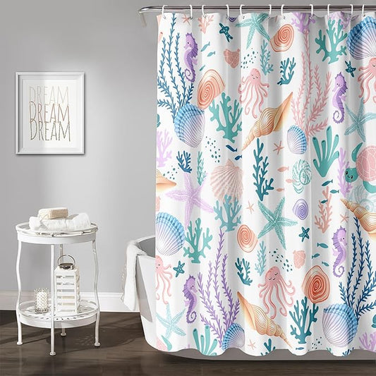 AILONEN Kids Ocean Shower Curtain for Bathroom,Funny Cute Octopus Fish Ocean Under Sea Coral Starfish Bath Curtain for Boys Girls,72" W*84" H Art Waterproof Decor Fabric 12 Pack Hooks