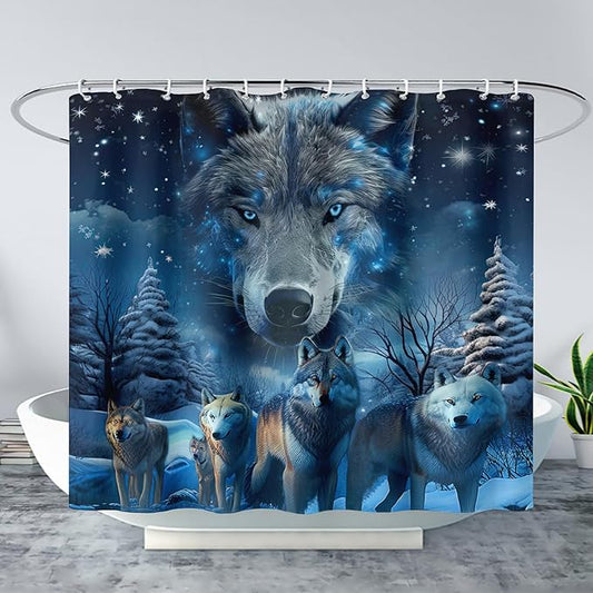 AILONEN 3D Howling Wolf Shower Curtain for Bathroo,Night Galaxy Starry Wolf Safari Animal Print Boys Teen Decor Bath Curtain 36" W*72" H Polyester Fabric Waterproof Bathroom Curtain with 12 Hooks