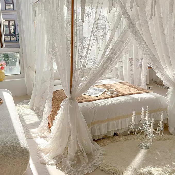Elegant Lace Princess 4 Corner Post Mosquito Net Romantic for Girls Women Bed Curtain Canopy for Adult Wedding Bedroom Kids Rooms Decoration (Color-A, Queen)