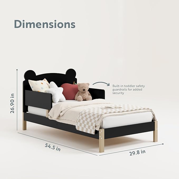 Storkcraft Teddy Bear Toddler Bed (Black with Driftwood) - GREENGUARD Gold Certified, includes Toddler Safety Guardrails, Fits Standard Crib & Toddler Mattress, Stylish 2-Tone Design