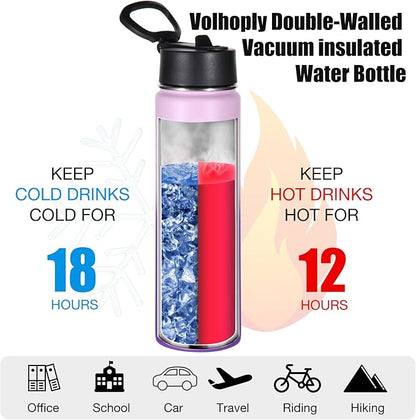 Volhoply 24oz Insulated Water Bottle With Straw Bulk 6 Pack,Metal Wide Mouth Water Bottles With Handle Keep Cold,Reusable Double Wall Thermos,Powder Coated Sport Bottle For Holder(Lavender,6 Count)