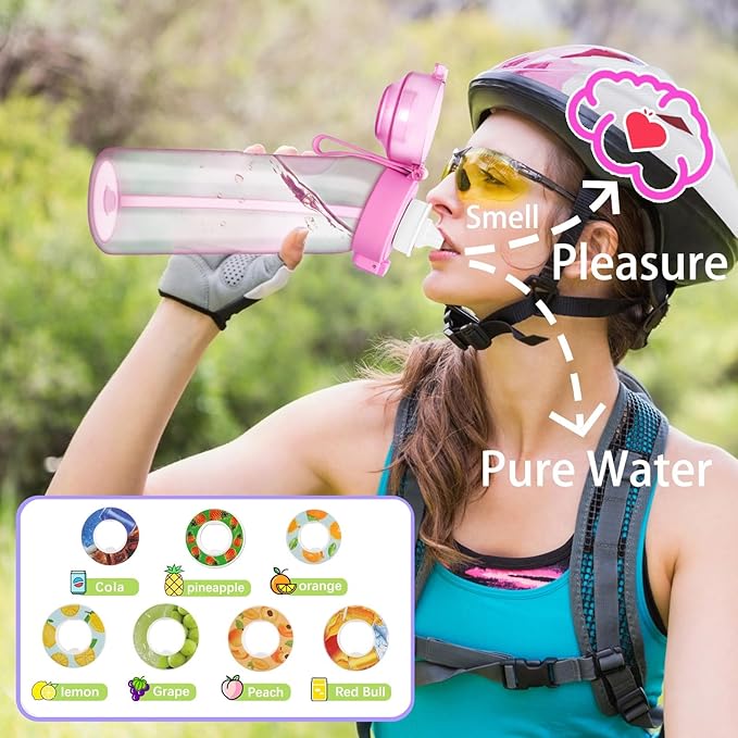 Water Bottle with Flavor Pods 21.9 Oz/650ml Fruit Fragrance Water Bottle Recyclable Sports Air Water Cup Scented Pods for Outdoor (Pink 650ML)