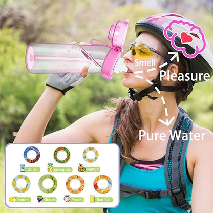 Water Bottle with Flavor Pods 21.9 Oz/650ml Fruit Fragrance Water Bottle Recyclable Sports Air Water Cup Scented Pods for Outdoor (Pink 650ML)