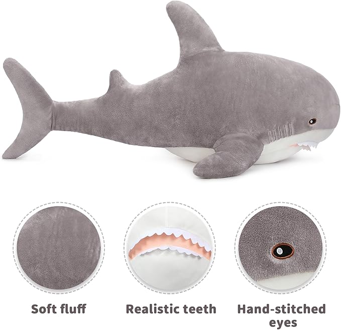 MorisMos Grey Shark Plush Toy, 51in Stuffed Animal, Giant Shark Stuffed Toy for Kids, Cuddly Plush, Birthday, 51 inch