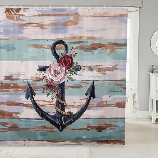 Feelyou Anchor Shower Curtain Rose Anchor Fabric Shower Curtain for Kids Boys Girls Wooden Rustic Bathroom Waterproof Accessories with 12 Hooks Sea Adventure Curtains,72x84 Inches