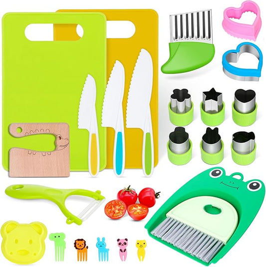 30 Pcs Kids Knife Set for Real Cooking Toddler Montessori Kitchen Tools for toddlers Knife Set Little Girl Boy Friendly Cutting Board and Knives Set for Bread Vegetable Fruit Cake Birthday