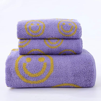 Luxury Purple Yellow Cute Smiling Face Bath Towel Sets for Bathroom, 1 Bath Towels 2 Hand Towels Washcloths, 100% Cotton Ultra Soft Highly Absorbent for Women Kids Girl Boy Face Body