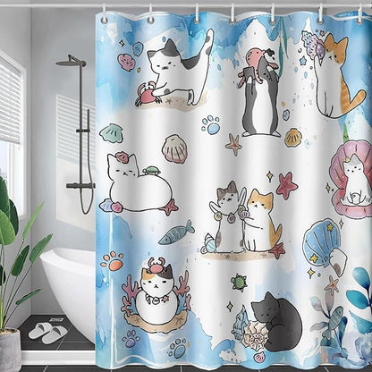 AILONEN Watercolor Cat Shower Curtain for Bathroom, Cute Cat Princess Shell Waterproof Bath Curtain,Cat Lover Minimalist White Curtain with 12 Plastic Hooks(72" W*72" H)