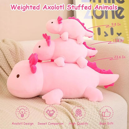 SQEQE Weighted Axolotl Plush Toy, Pink Axolotl Stuffed Animals Cute Axolotl Plush Pillow, Cute Weighted Stuffed Animals Gifts for Girls & Boys Age 3-12 (9.8" | 0.75 lbs, Pink Axolotl)
