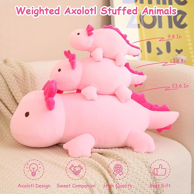 SQEQE Weighted Axolotl Plush Toy, Pink Axolotl Stuffed Animals Cute Axolotl Plush Pillow, Cute Weighted Stuffed Animals Gifts for Girls & Boys Age 3-12 (13.8" | 1.6 lbs, Pink Axolotl)