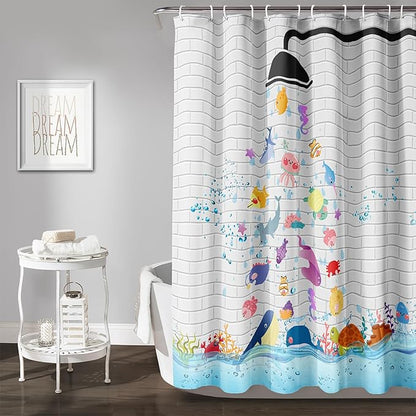 AILONEN Cute Fish Shower Curtain for Kids 48" W*72" H Inch,Raining Marine Animal Playing Water Shower Curtains,12 Pack Hooks Polyester Waterproof Fabric Decor for Bathroom Bathtub Panels