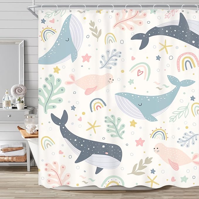 Kids Shower Curtain Ocean Cute Whale Rainbow Girls Cartoon Funny Sea Animal Underwater 60Wx72L Inch Shower Curtain Bathroom Set Colorful Lovely Bath Curtain Bathtub Accessories Home Decor