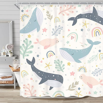 Kids Shower Curtain Ocean Cute Whale Rainbow Girls Cartoon Funny Sea Animal Underwater 60Wx72L Inch Shower Curtain Bathroom Set Colorful Lovely Bath Curtain Bathtub Accessories Home Decor