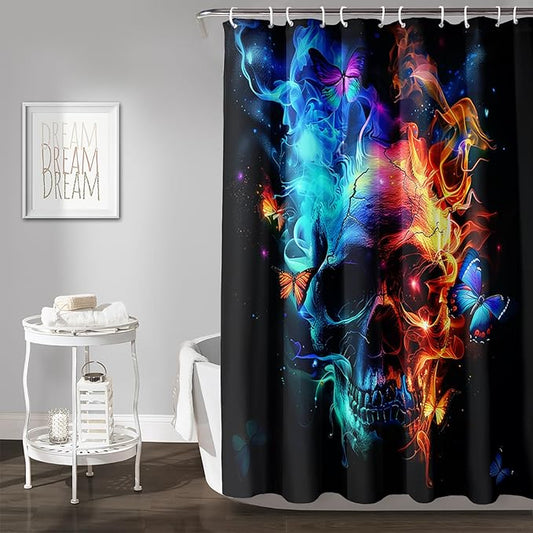 AILONEN Sugar Skull Shower Curtain for Bathroom,Blue and Red Smoky Skull Bath Curtain Decoration,Starry Butterfly Skull Skeleton Print Waterproof Shower Curtain with 12 Plastic Hooks, 72" W*78" H