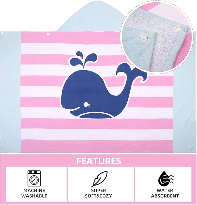 Hooded Towel for Kids, 100% Cotton Soft and Absorbent, Pool Bath Beach Swim Towel Wrap, Bathrobe Coverups for Girls and Boys, Extra Large:50” x 30”(Pink Striped Whale)