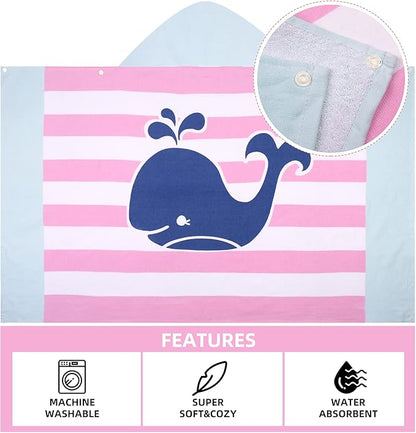 Hooded Towel for Kids, 100% Cotton Soft and Absorbent, Pool Bath Beach Swim Towel Wrap, Bathrobe Coverups for Girls and Boys, Extra Large:50” x 30”(Pink Striped Whale)