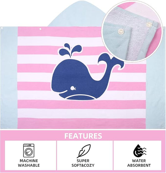 Hooded Towel for Kids, 100% Cotton Soft and Absorbent, Pool Bath Beach Swim Towel Wrap, Bathrobe Coverups for Girls and Boys, Extra Large:50” x 30”(Pink Striped Whale)