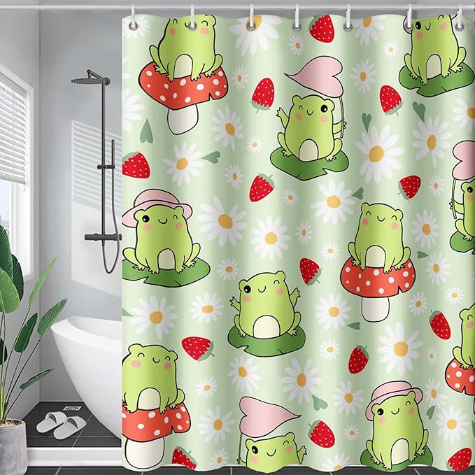AILONEN Cute Frog Shower Curtain for Bathroom, Kawaii Strawberry and Frog Bath Curtain,Mushroom Frog Kids Girls Waterproof Curtain with 12 Plastic Hooks(60" W*72" H)