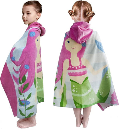Kids Bath Towel Hooded - Cotton Kids Beach Towel 30"x50" for Ages 3 to 10, Toddler Towels with Hood Snaps, Soft Terry Poncho Towel as Pool Swim Cover Ups for Girls Boys (Mermaid Pink)