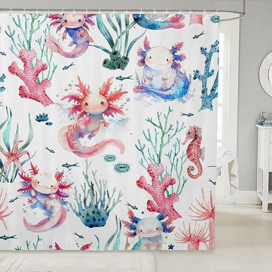 Feelyou Cartoon Axolotl Bathroom Waterproof Accessories with 12 Hooks Watercolor Salamander Fabric Shower Curtain for Kids Boys Girls Green Corals Shower Curtain Sealife Curtains,72X78 Inches