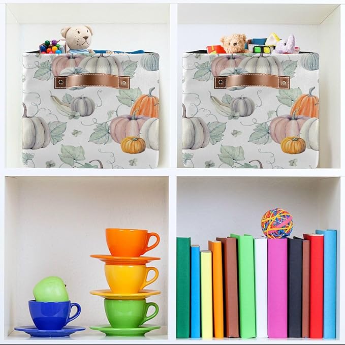 Fall Pumpkin Storage Basket Fabric Kitchen Baskets Autumn Maple Leaves Open Home Storage Bins Boxes Foldable Organizer Bag for Baby Cloth Pet Toy Book Shelf Closet Baskets 16×12×8 Inches