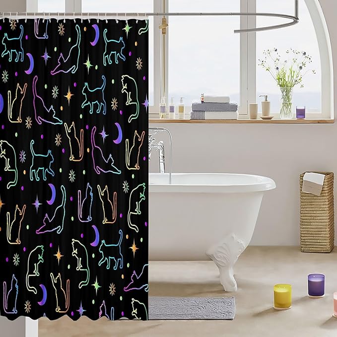 Manfei Cute Cats Silhouettes Kids Shower Curtains,Sun Moon Starry Sky Dots Trippy Bathroom Curtains for Girls Boys,Abstract Pets Animals Purple Cute Waterproof Curtains,12 Hooks Suits,72" W x 84" L