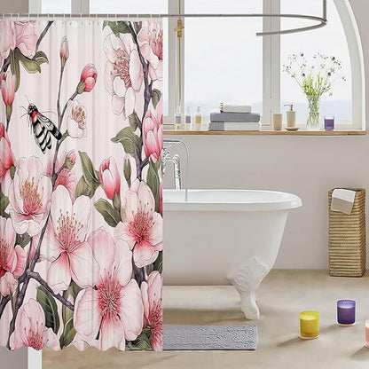 Feelyou Peach Blossom Fabric Shower Curtain for Kids Boys Girls Flower Floral Bathroom Waterproof Accessories with 12 Hooks Pink Shower Curtain Honey Curtains,72x72 Inches