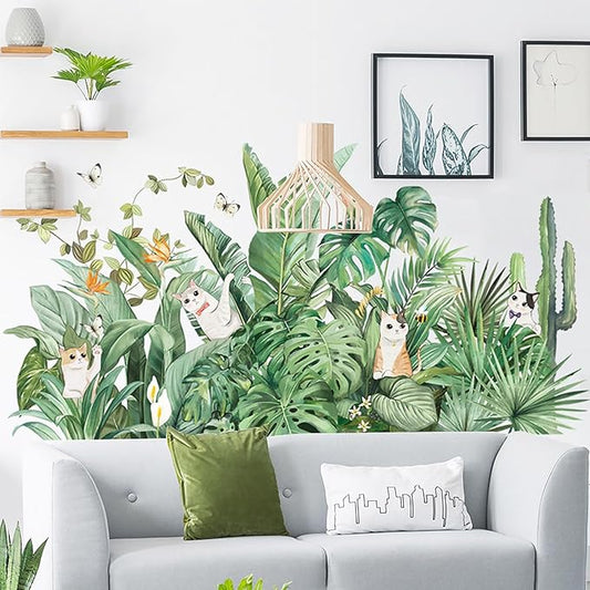 Green Plants Wall Stickers Cat Parrot Butterfly Cactus Wall Decals Bedroom Living Room Sofa TV Background Wall Classroom Office Children's Room Wall Decor