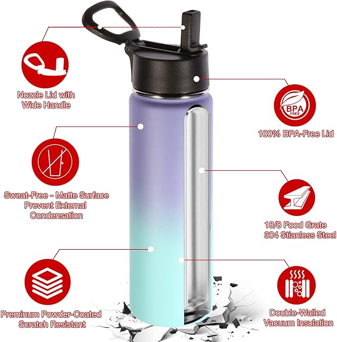 Volhoply 24oz Insulated Water Bottle With Straw Bulk 6 Pack,Metal Wide Mouth Water Bottles With Handle Keep Cold,Reusable Double Wall Thermos,Powder Coated Sport Bottle For Holder(Purple Blue,6 Count)