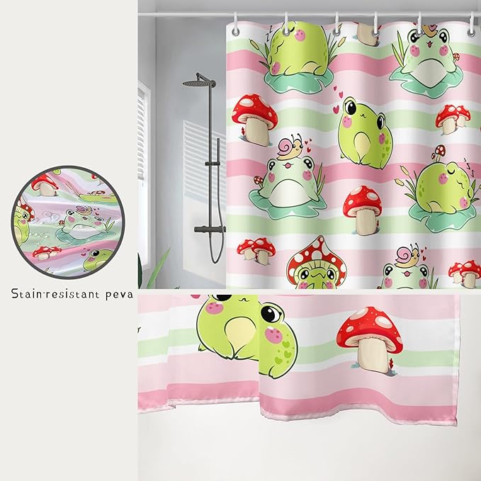 AILONEN Cute Frog Shower Curtain, Cartoon Mushroom Frog Printed Shower Curtain, 48" W*72" H Waterproof Green Wild Animals Kawaii Curtain with Grommets and 12 Hooks