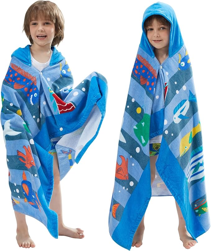 BANGSAUR Kids Hooded Beach Bath Towels, 100% Cotton 50"x30" Wrap Bathrobe, Toddlers Boys 3-12 Years Coverup Towel Ocean Fish N