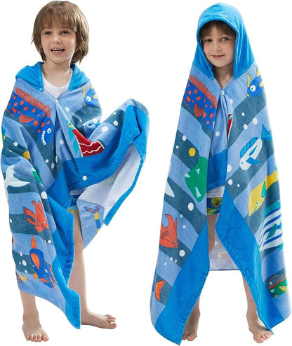 BANGSAUR Kids Hooded Beach Bath Towels, 100% Cotton 50"x30" Wrap Bathrobe, Toddlers Boys 3-12 Years Coverup Towel Ocean Fish N