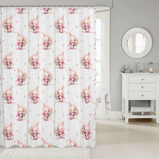 Cute Rabbits Kids Shower Curtains,Tulip Flowers Love Heart Romantic Bathroom Curtains for Girls Boys,Happy Easter Cartoon Animals Pink Kawaii Waterproof Curtains,12 Hooks Suits,72" W x 78" L