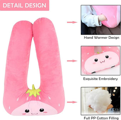 Kids Travel Pillow for Car Seat with Hand Muff, Cartoon Neck & Headrest Seat Belt Pillow for Car Road Trips Long-Distance Travel Sleeping Pillow for Adults and Children, Strawberry