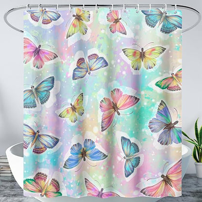 AILONEN Butterfly Shower Curtain,Rainbow Butterfly Bath Curtain,Modern Tie Dye Butterfly Art Decorative Shower Curtain with 12 Plastic Hooks (Kids/Girls/Women/Teen/) 48" W*72" H