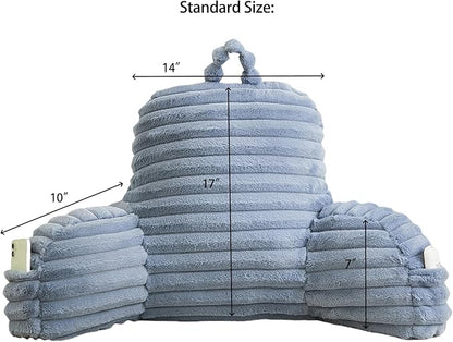 Faux Fur Fluffy Dusty Blue Reading Pillow with Pockets, Luxury Striped Plush Decorative, Arm Rests and Back Surport for Bed Rest, Lounging on sofa, Standard