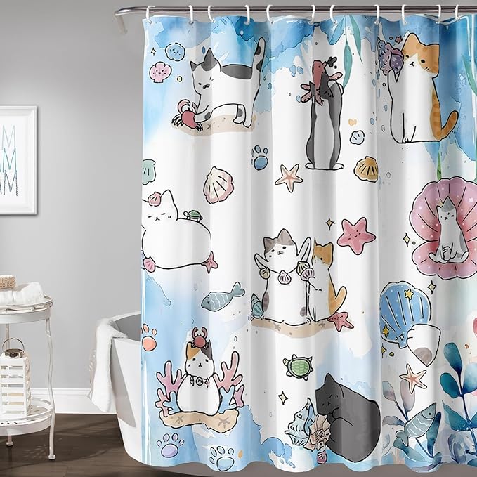 AILONEN Watercolor Cat Shower Curtain for Bathroom, Cute Cat Princess Shell Waterproof Bath Curtain,Cat Lover Minimalist White Curtain with 12 Plastic Hooks(72" W*72" H)